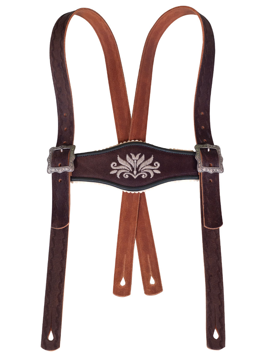 Töpfer Stegträger dunkelbraun, weiße Stickerei