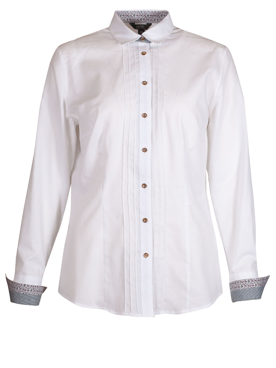 Arido Damenbluse weiß, Langarm, gemusterte Manschetten, Liegekragen