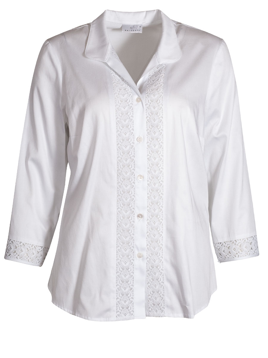 Waldorff Damenbluse Helga, weiß, elegant, 3/4-Arm,  Spitzeneinsatz, Stretch