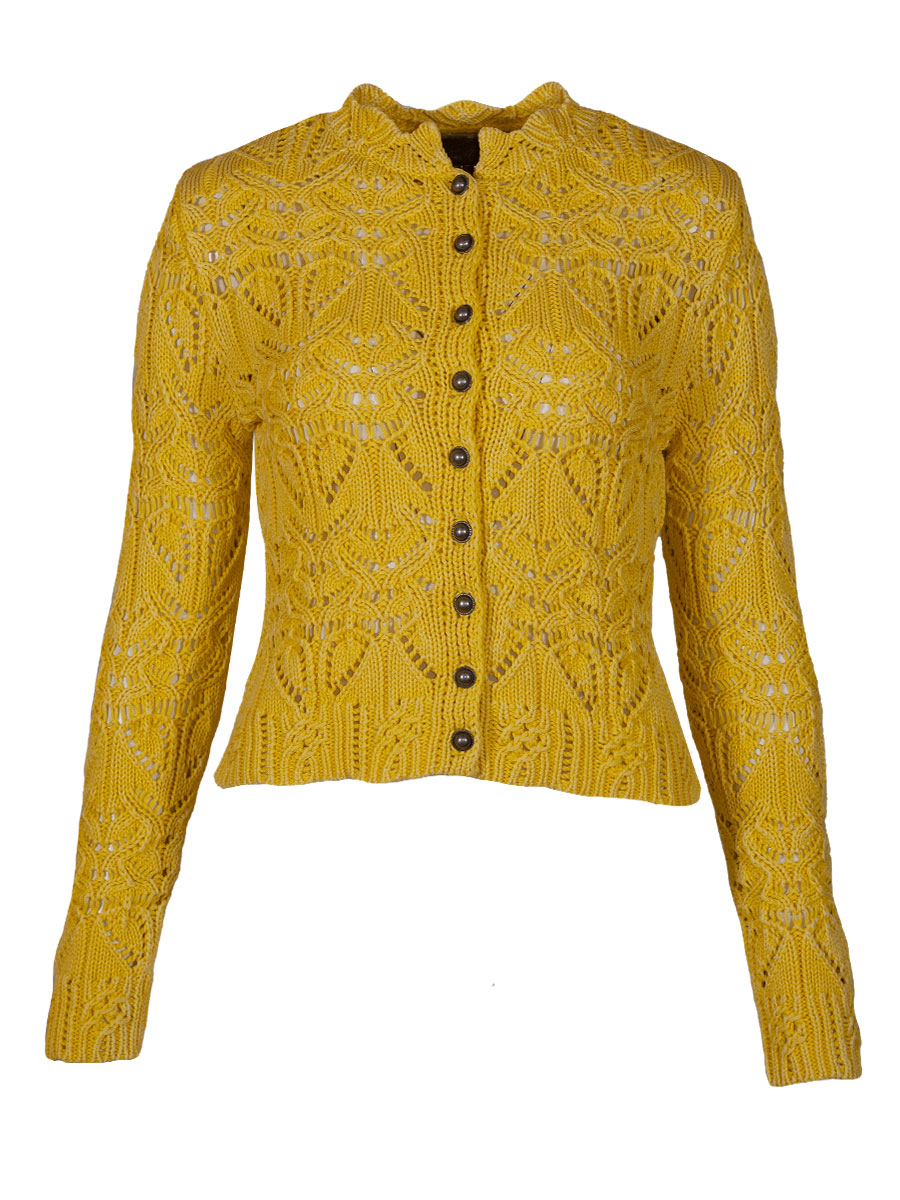 fei scho schee Strickjacke, gelb, grobes Häkelmuster, kurz