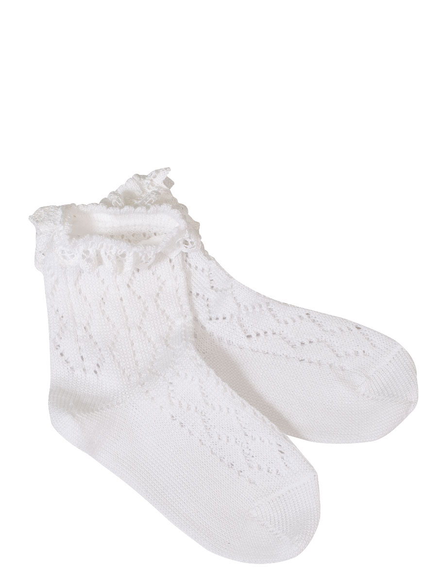 Lusana Mädchen-Strümpfe weiß, gebleicht, Spitze, Lochmuster