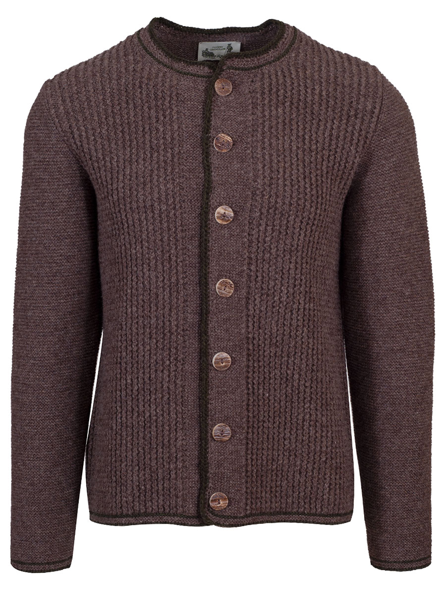 Strickjacke Dominik, mittelbraun, grüne Einfassung