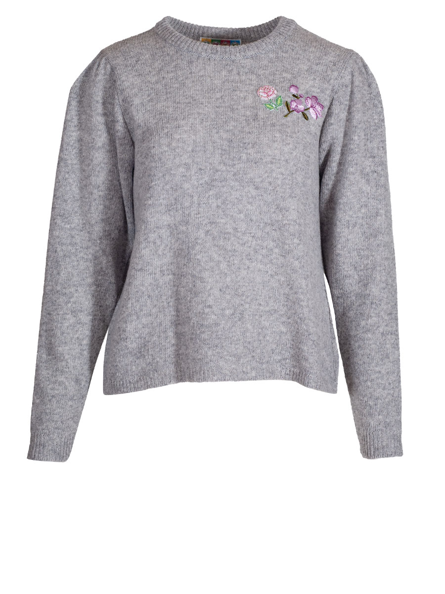 Berwin & Wolff Strickpullover, grau, Blumenstick, Puffarm