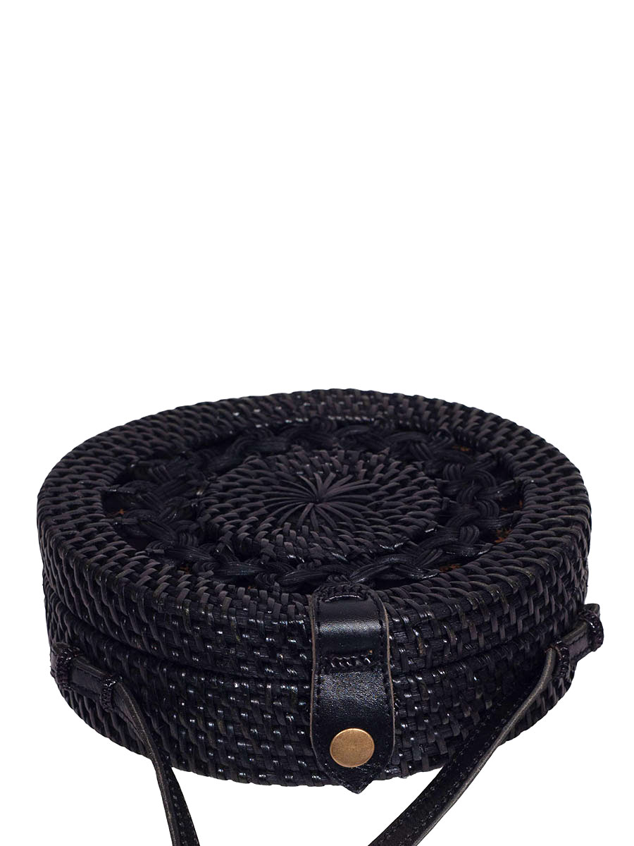 KokoKarma Atatasche, Rosella, schwarz, handgearbeitet, mit Lederriemen, rund