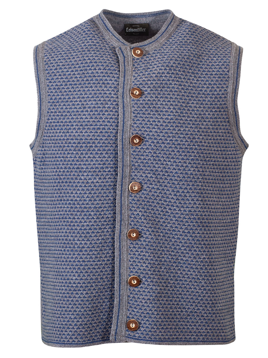 hausg'macht Strickweste Seppi grau, leicht, blau gemustert