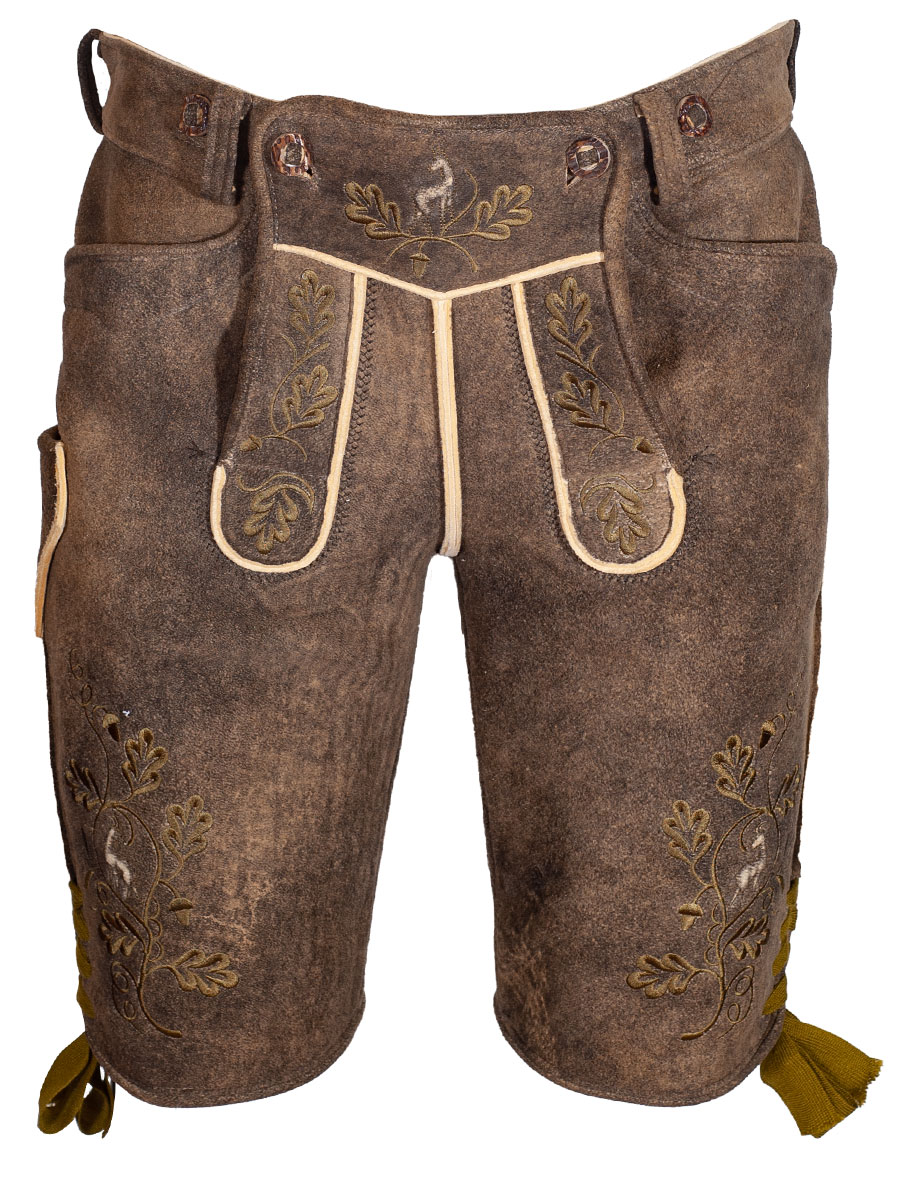 Kurze Lederhose Leogang, Hirsch sämisch, akazie, Blattstickerei, hochwertig