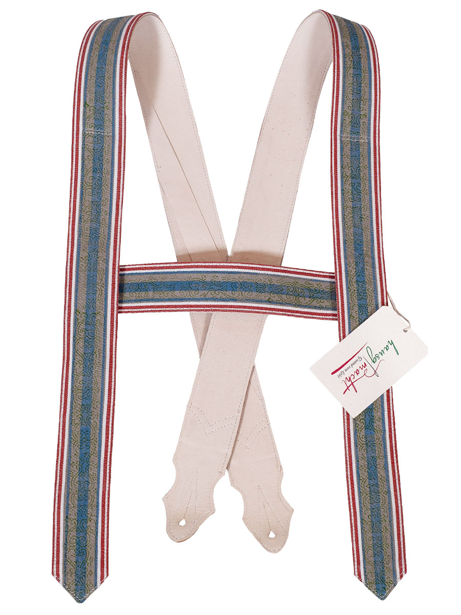 hausg'macht Träger Handdruck rot-blau-oliv, ohne Zacken