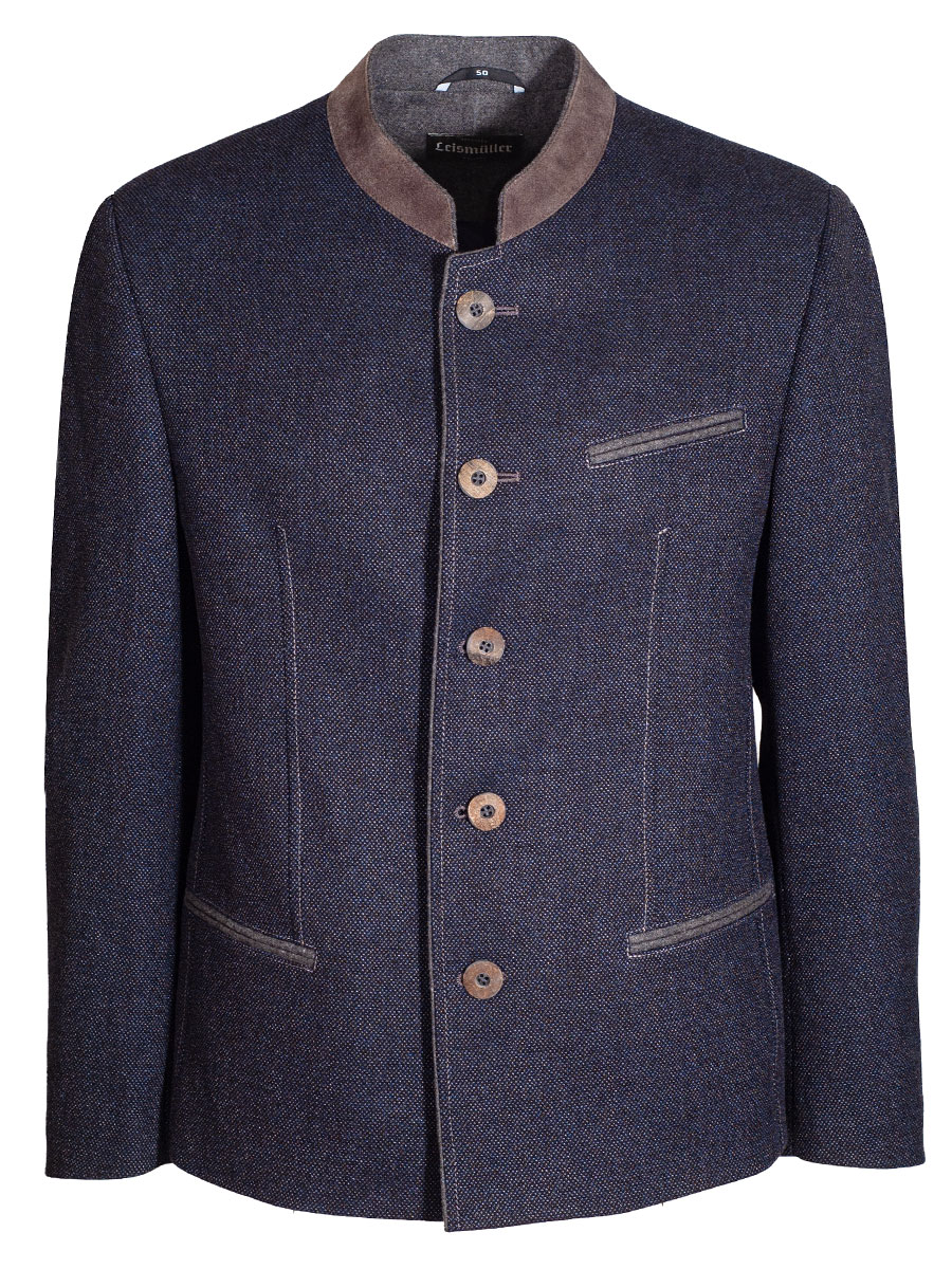 Schloß Orth Aist Janker, marineblau meliert, brauner Lederkragen, Stretch