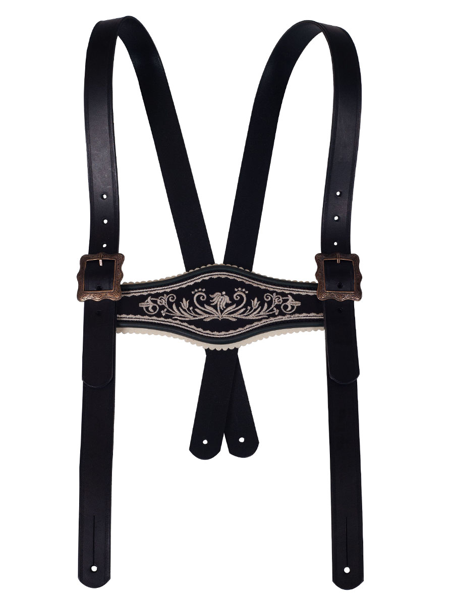 Töpfer Stegträger schwarz, weiße Stickerei am Steg