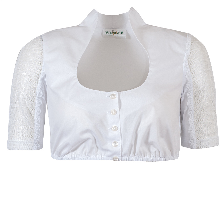 Wenger Dirndlbluse Florentine, Kelchkragen, weiß, Kurzarm, Spitzenarme