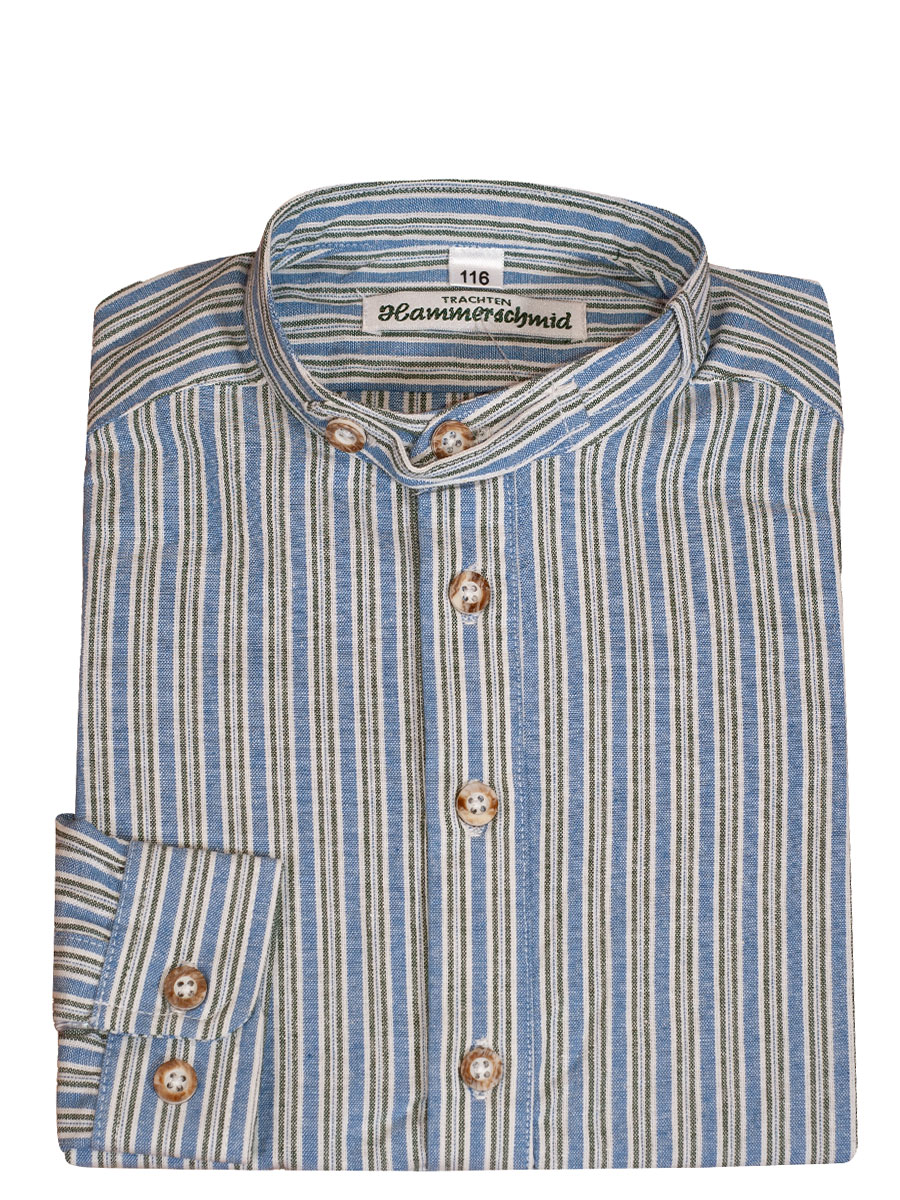 Hammerschmid Kinderhemd, blau-grün gestreift, Pfoad, Stehkragen