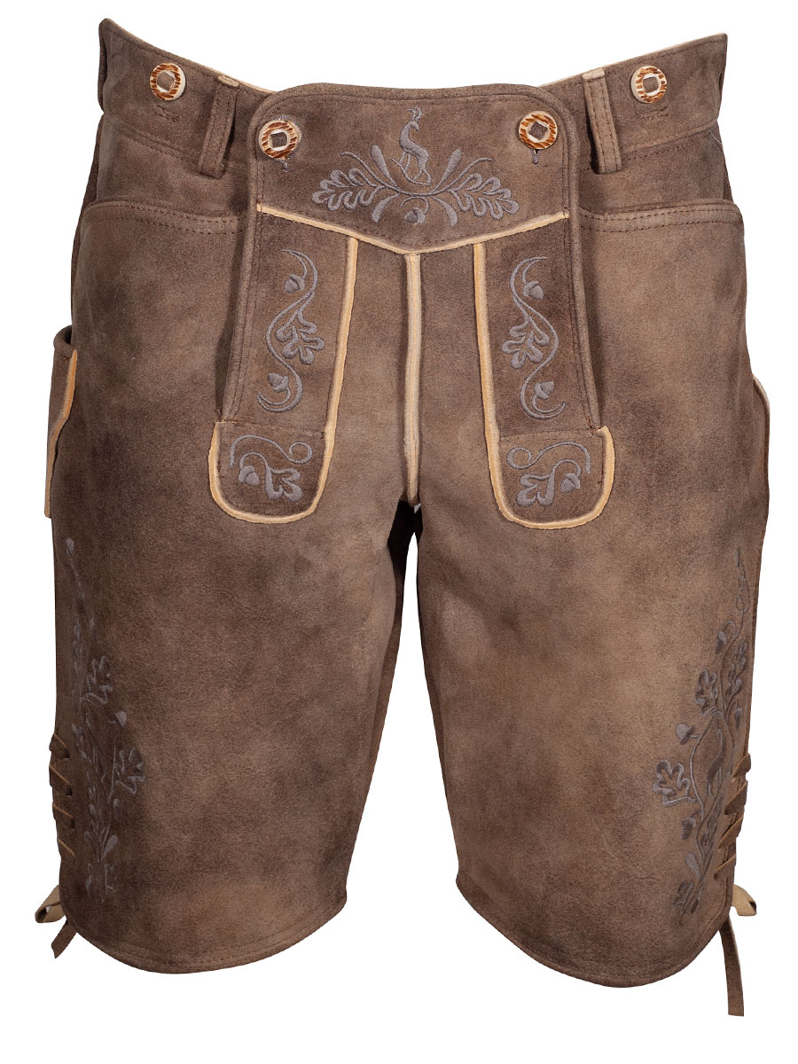 Weinbauer Kurze Lederhose Ludwig, Ziegenvelour, eiche, grauer Stick