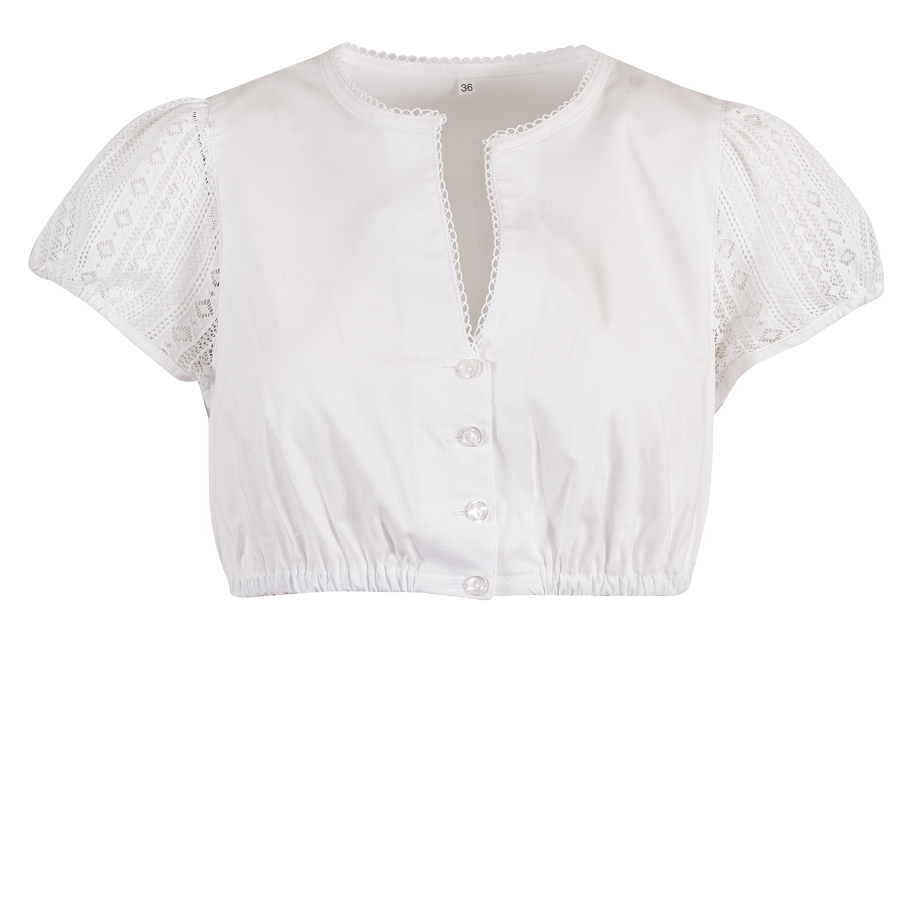 Schloß Orth Dirndlbluse, weiß, Spitzenärmel, Kurzarm, V-Ausschnitt