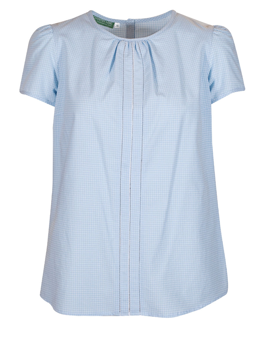 Country Line Damenbluse, hellblau kariert, Rückenteil geknöpft, kurze Arme