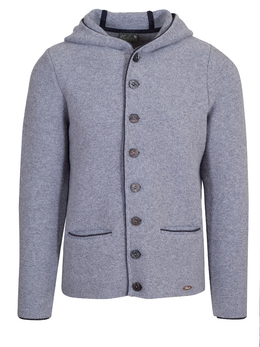 hausg'macht Kapuzen-Strickjanker Fredl, grau, Einfassung in anthrazit