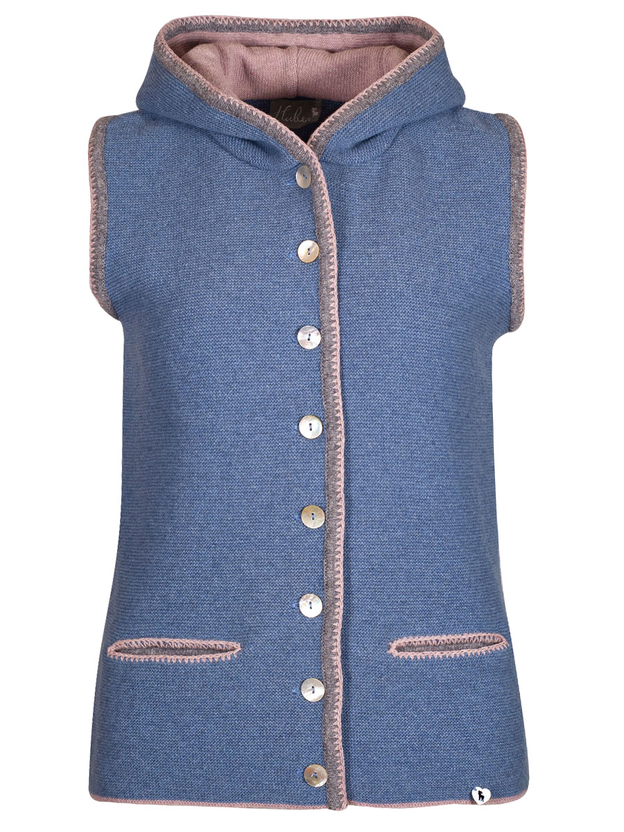 Huber Kapuzen-Strickweste Erika, blau, Einfassung in grau-rosa