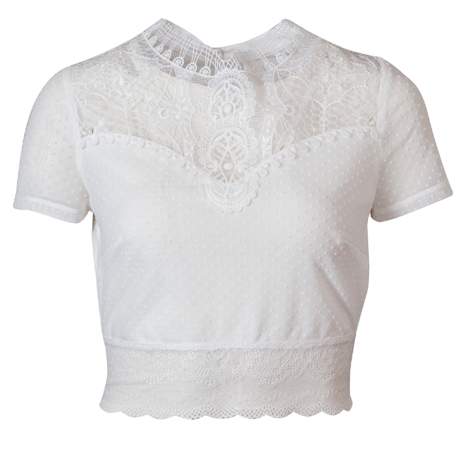 Waldorff Dirndlbluse, weiß, elegant, breiter Spitzenbund, hochgeschlossen, Kurzarm