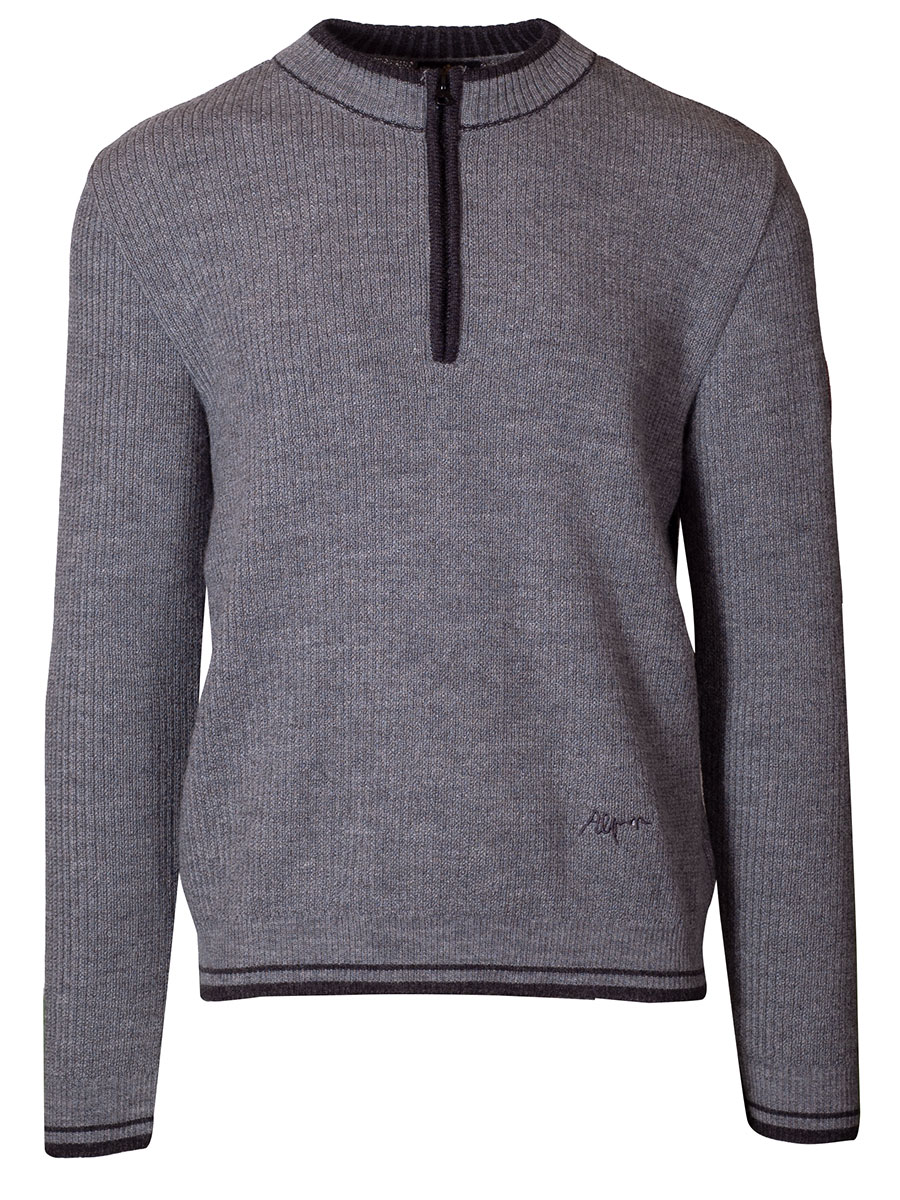 Hammerschmid Pullover Emil, hellgrau, hoher Kragen, Reißverschluss