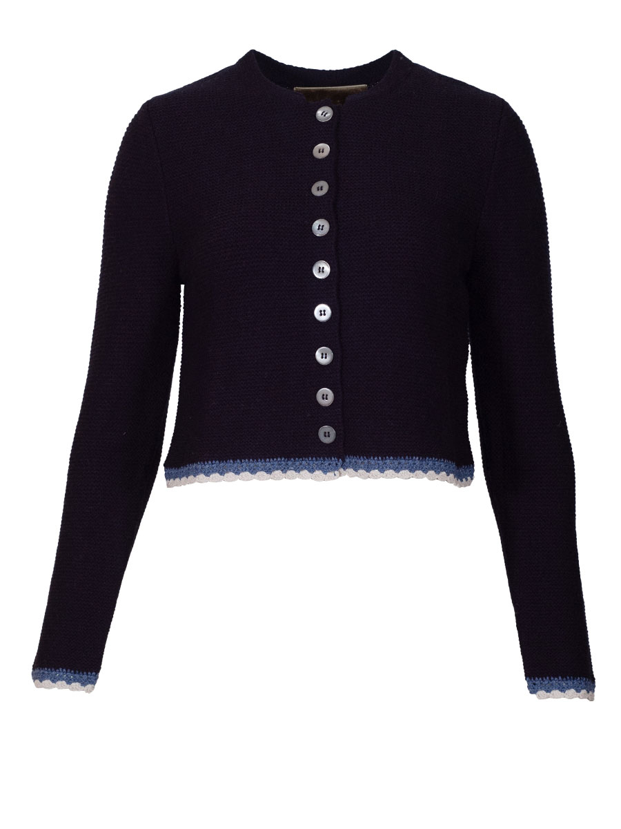 fei scho schee Strickjacke, marineblau, Häkelrand in hellblau-weiß, kurz
