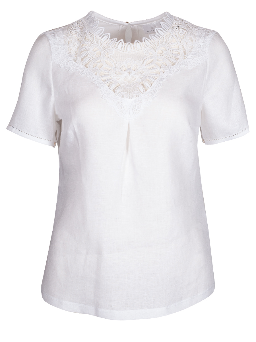 Waldorff Rockbluse Anne, weiß, Häckelspitze, Kurzarm, Leinen