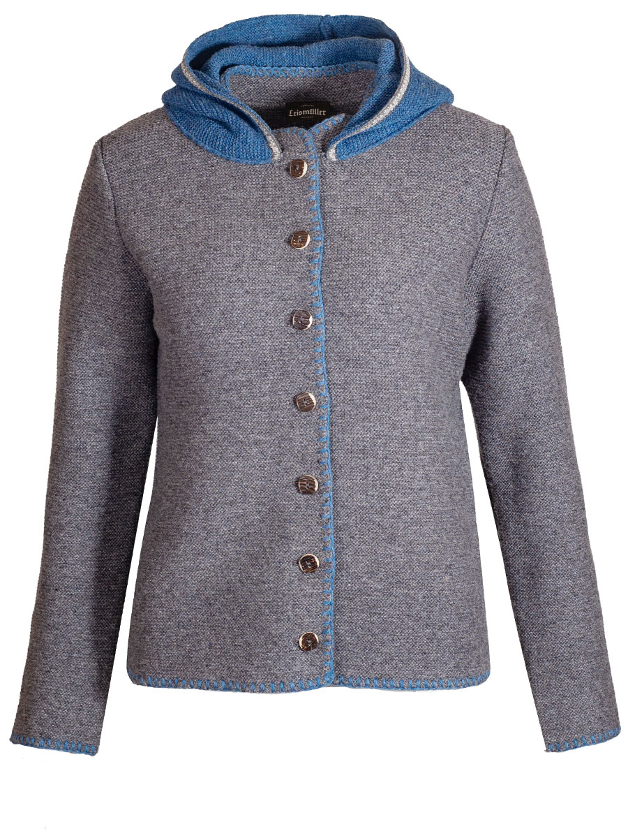 Boos Strickjacke grau mit Kapuze,  blau umhäkelt