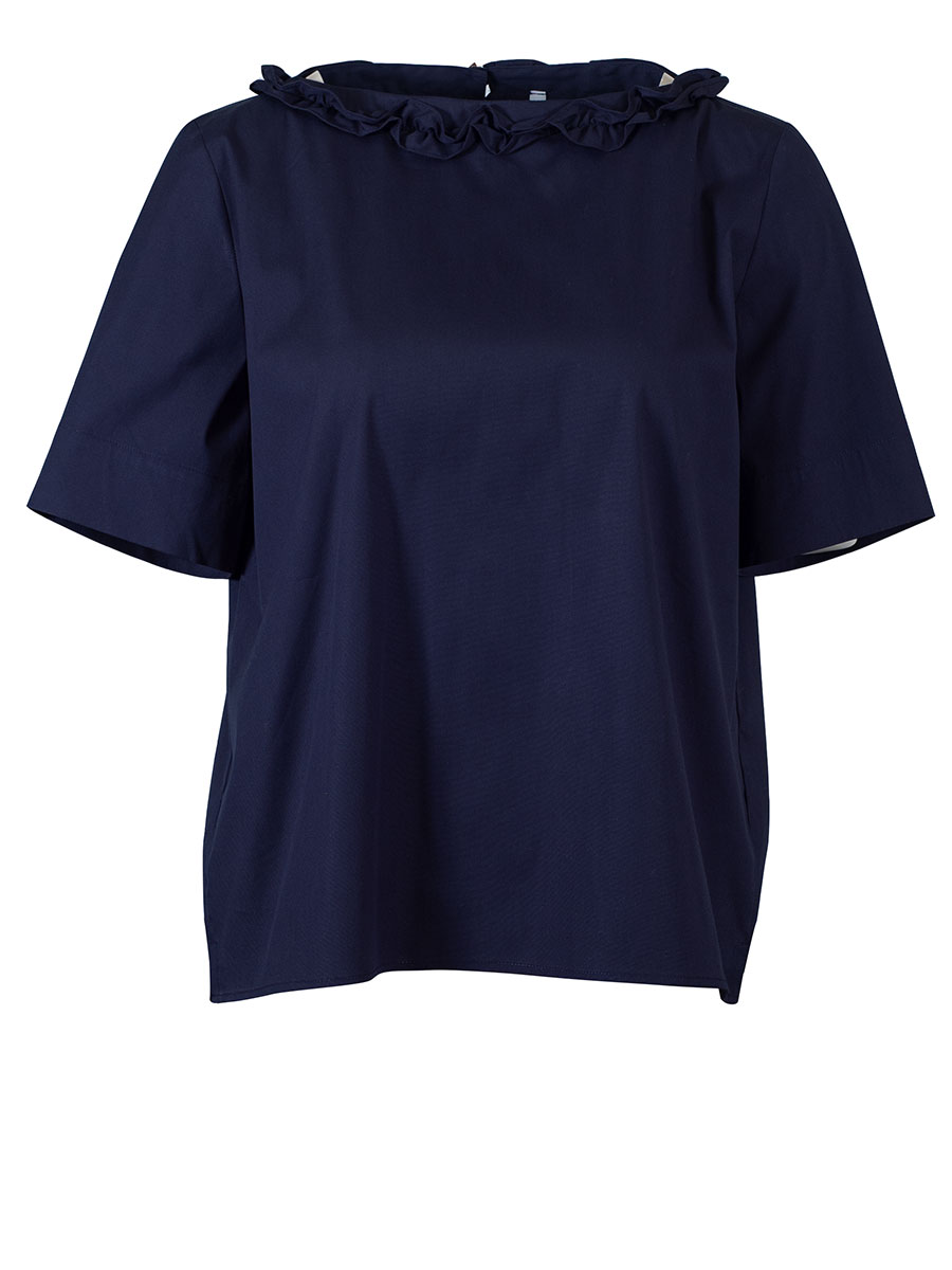 Wallmann Bluse dunkelblau, Rüschenkragen, 3/4-Arm, Rückenfalte