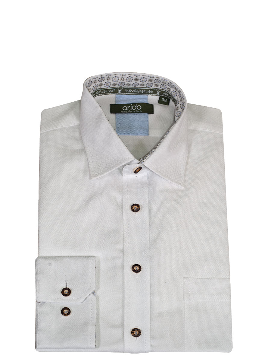 Arido Herrenhemd, Langarm, weiß mit grün, Hirschhornknöpfe