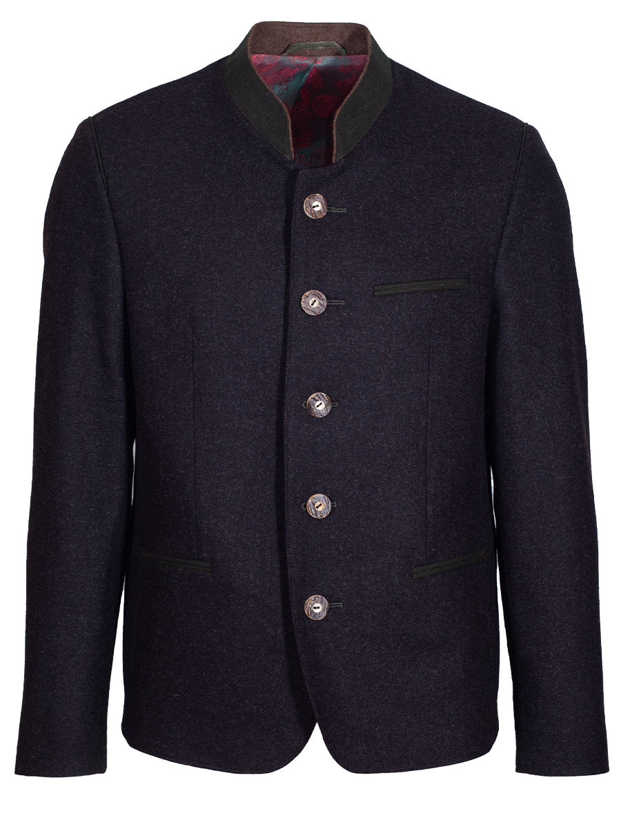 Lodenjanker Max, anthrazit, elegant, grüner Kragen, braun ausgeputzt, Stretch