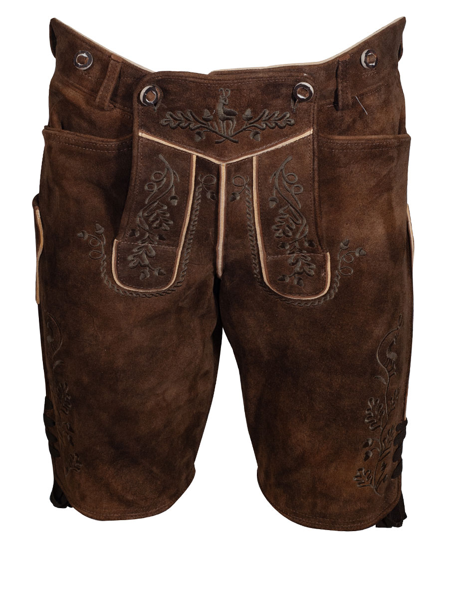 Weinbauer Kurze Lederhose Sepp, Ziegenvelour, bisam, olivgrüner Stick