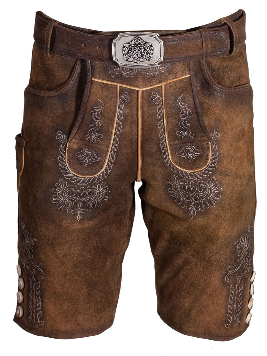 Hammerschmid Kurze Lederhose Passau, braun gewachst, mit Gürtel, Ziegenleder