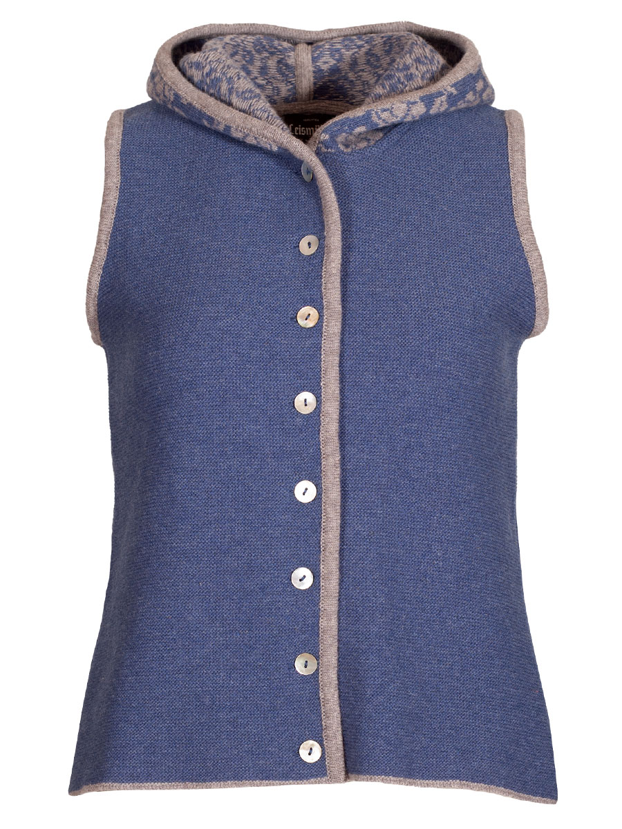 hausg'macht Kapuzen-Strickweste Gitti, jeansblau mit grau, mit Rückenfalte