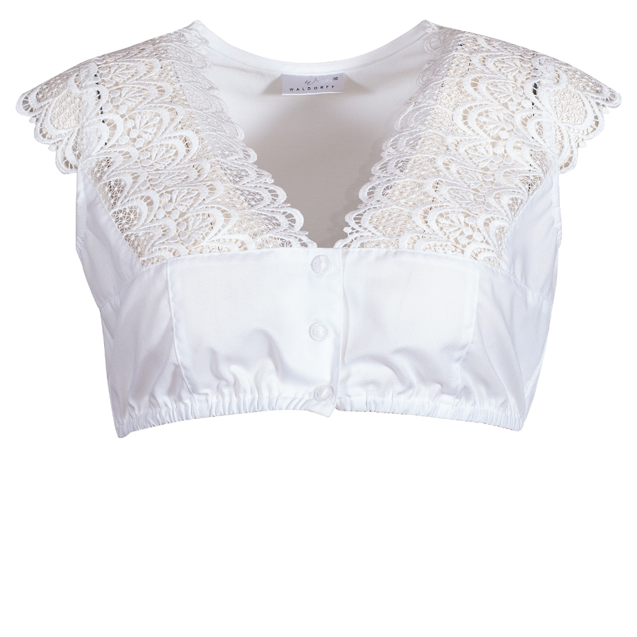 Waldorff Dirndlbluse Zoe, weiß, V-Ausschnitt, Spitze, Flügelärmel