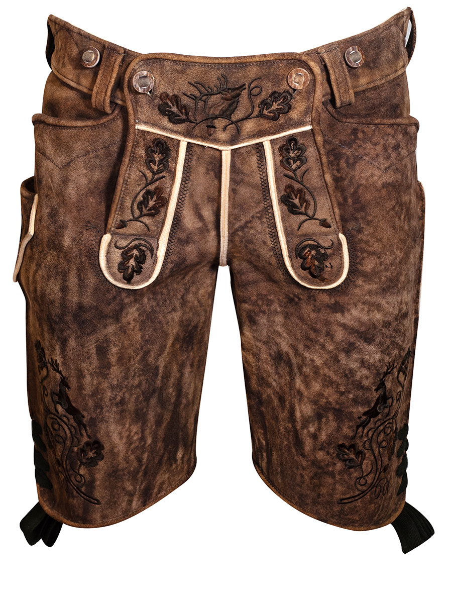 Kurze Lederhose Eiger, Hirsch sämisch, eibe, dunkelgrüne Blattstickerei, hochwertig