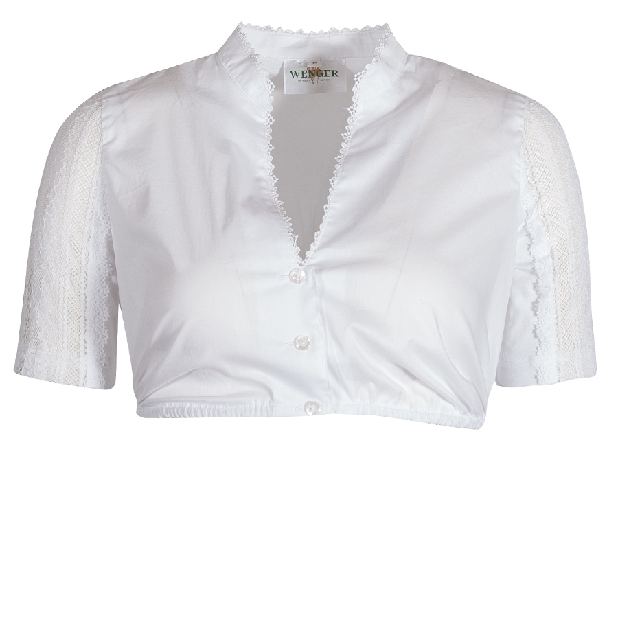 Wenger Anna Dirndlbluse, Kurzarm, weiß, Stehkragen, Spitzenärmel