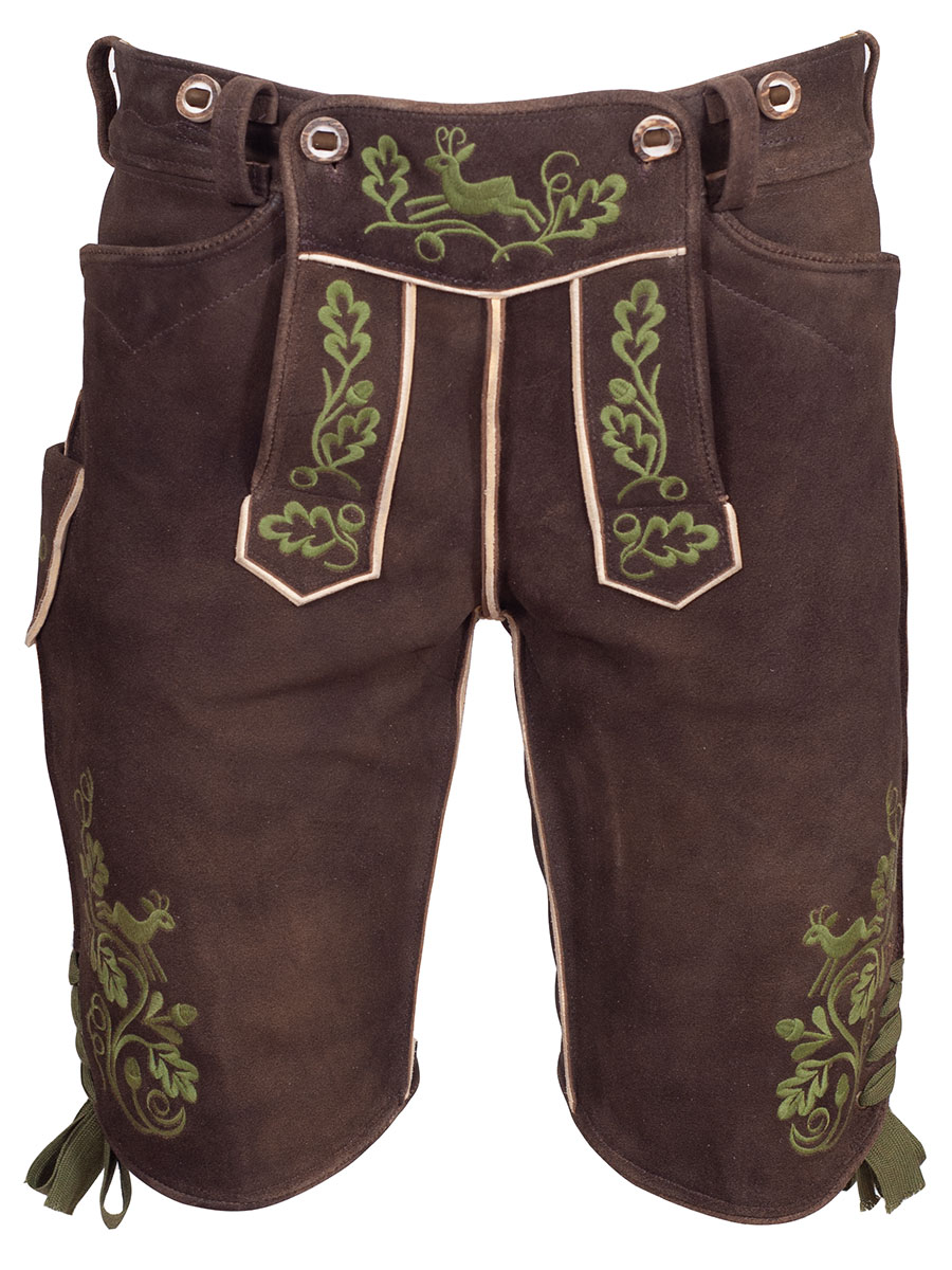 Kurze Lederhose Chieming Wildbock, antik Humus, olivgrüner Stick