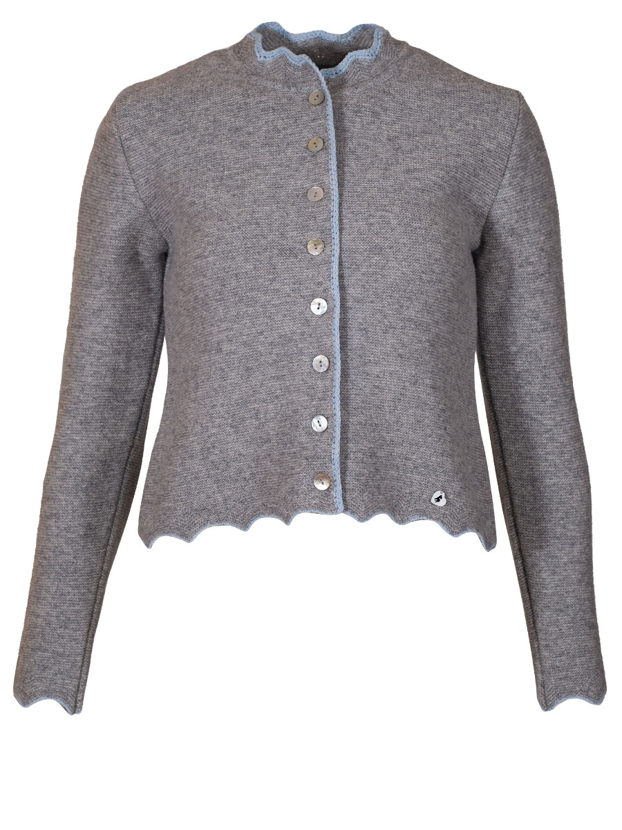 hausg'macht Strickjacke Elina, grau, gewellte Abschlüsse in hellblau