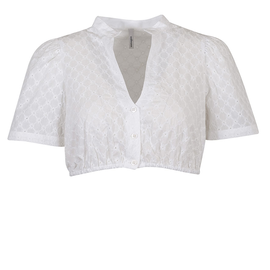 Wallmann Dirndlbluse, Kelchkragen, weiß, Halbarm, V-Ausschnitt, Lochmuster