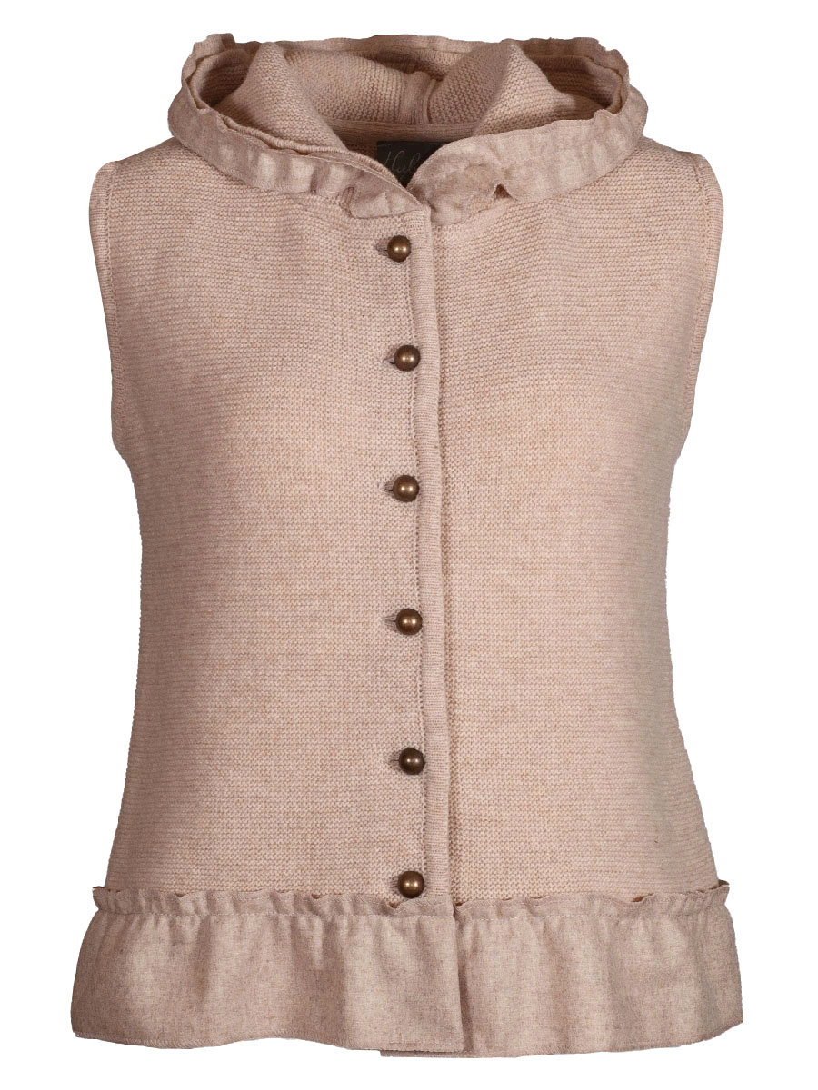 hausg'macht Kapuzen-Strickweste Heiki, natur, Rüschenkragen aus Stoff