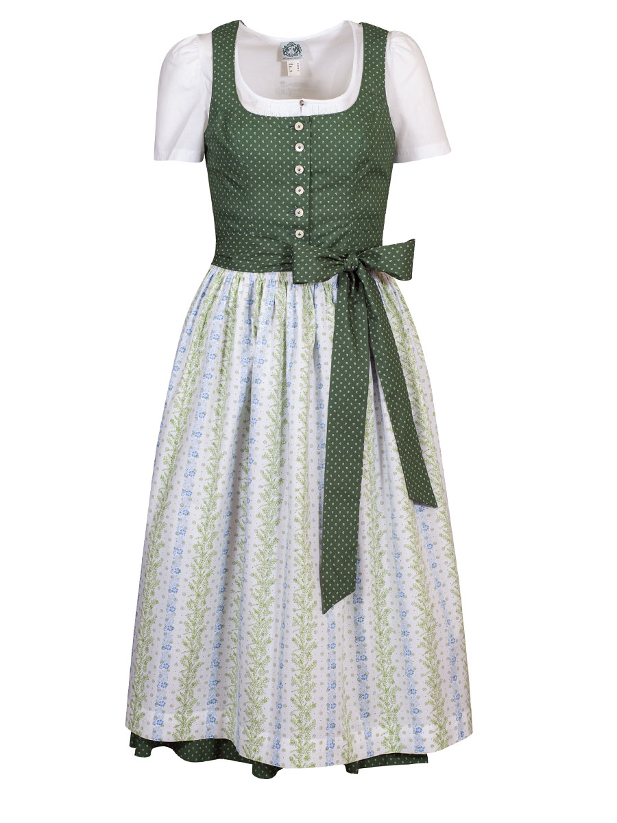 hausg'macht Baumwolldirndl Koflersee, grün, weiße Schürze mit Blumen, Stretch, 80cm