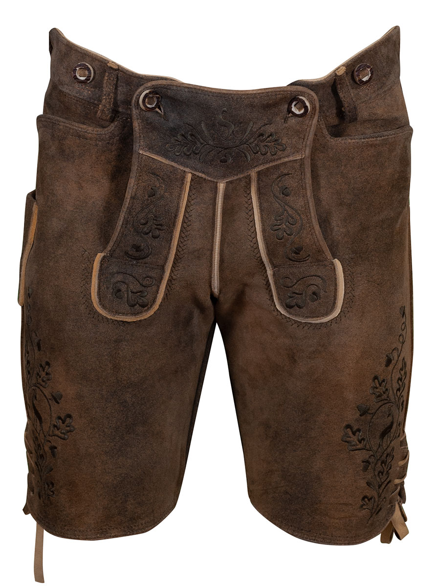 Weinbauer Kurze Lederhose Ludwig, Ziegenvelour, antik Braun, grüner Stick