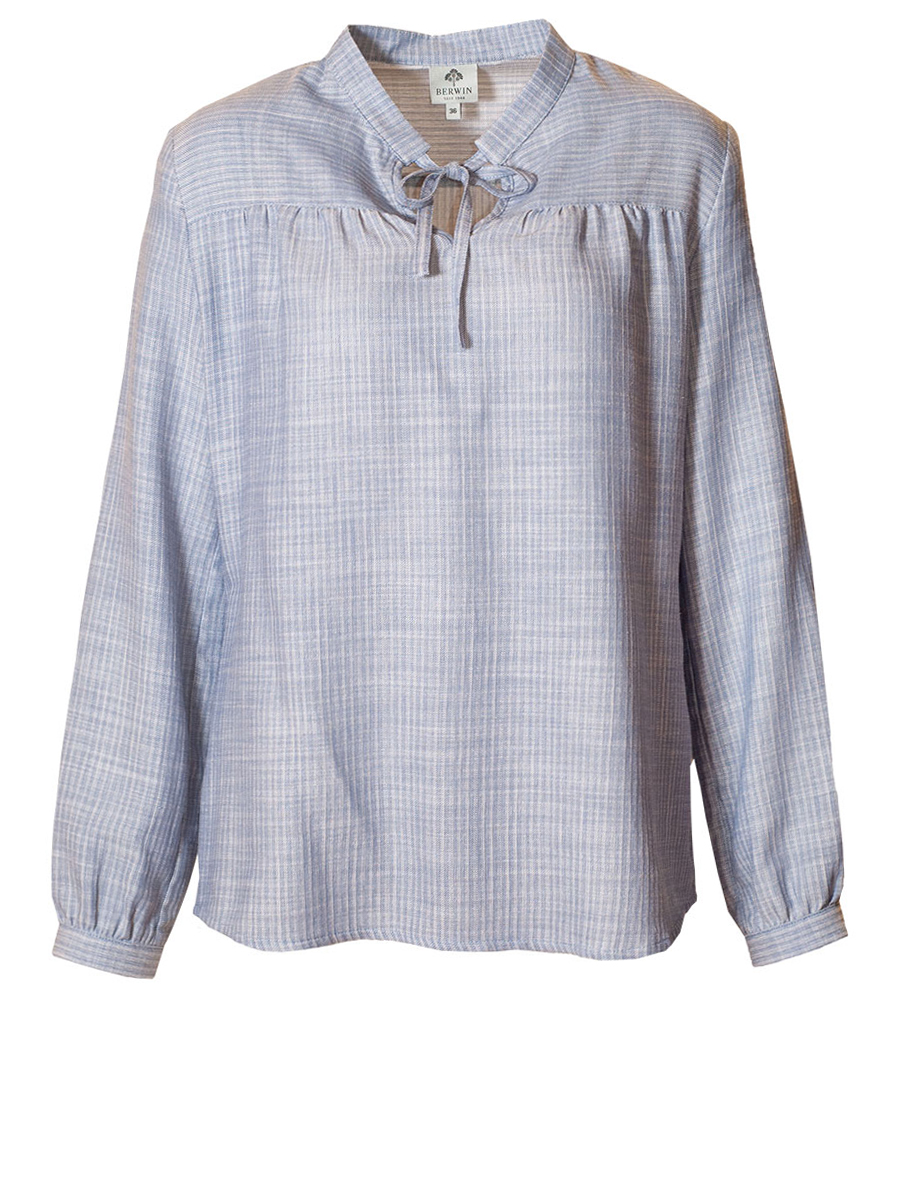 Berwin & Wolff Baumwollbluse, blau, Fischgrätmuster, Schleife