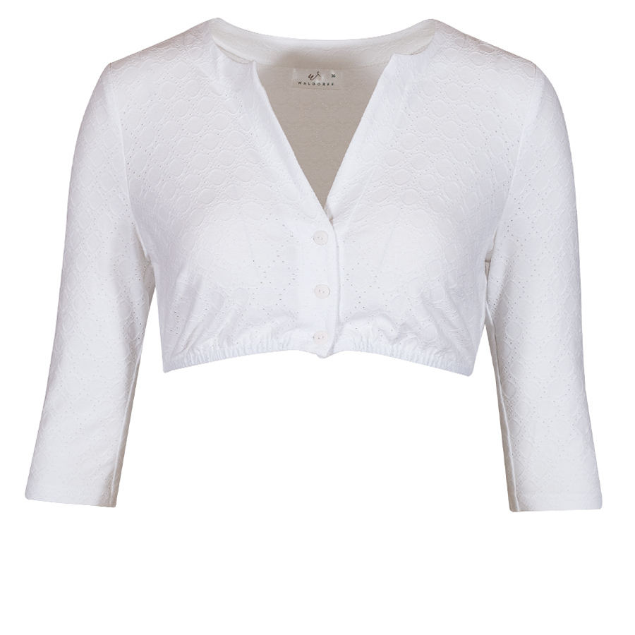 Waldorff Dirndlbluse weiß, 3/4-Arm, V-Ausschnitt, gemustert, Stretch