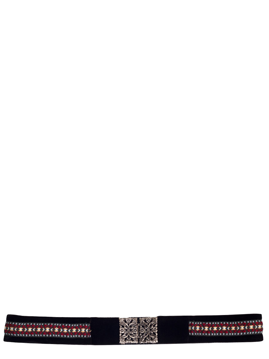 Hammerschmid Samtgürtel schwarz, grün-rot-gelb gewebt, Schließe