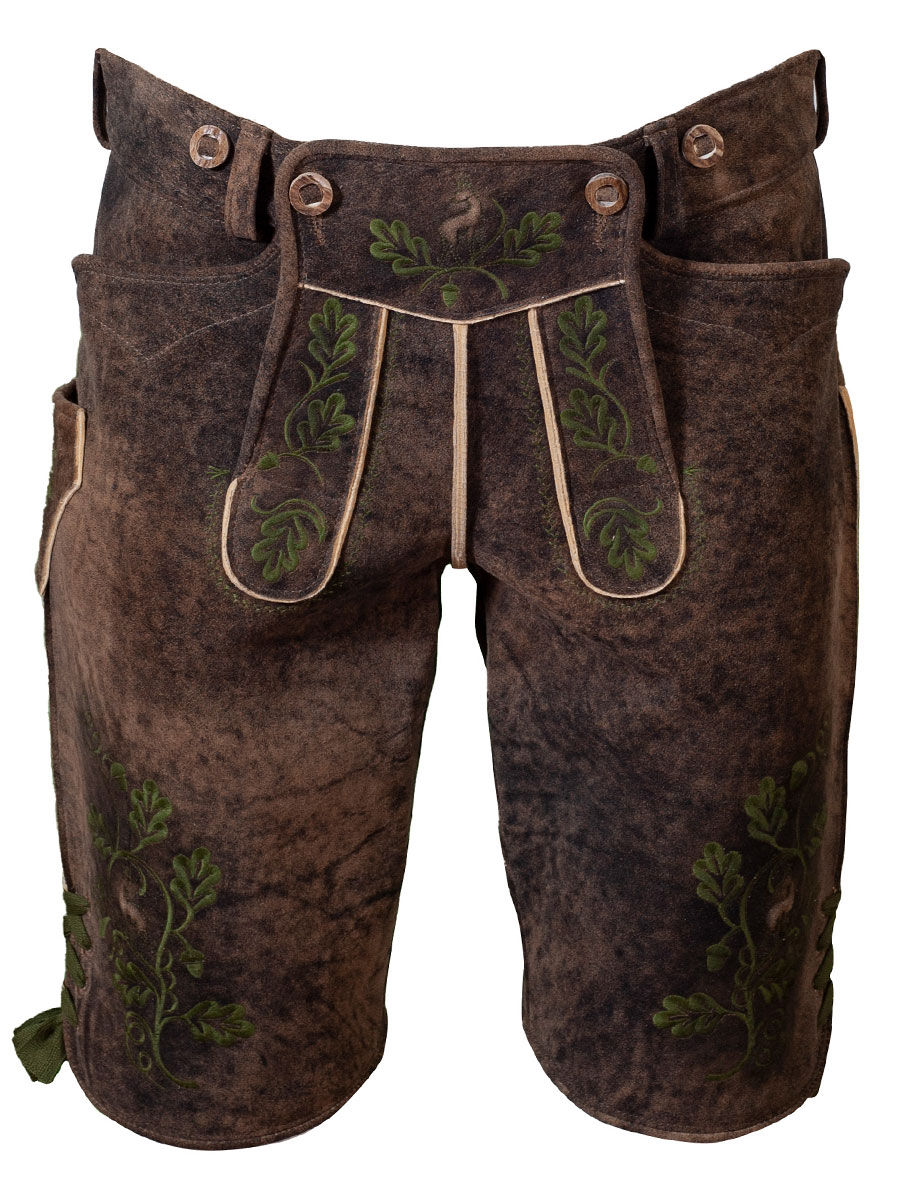 Kurze Lederhose Leogang, Hirsch sämisch, eibe, mittelgrüne Blattstickerei, hochwertig