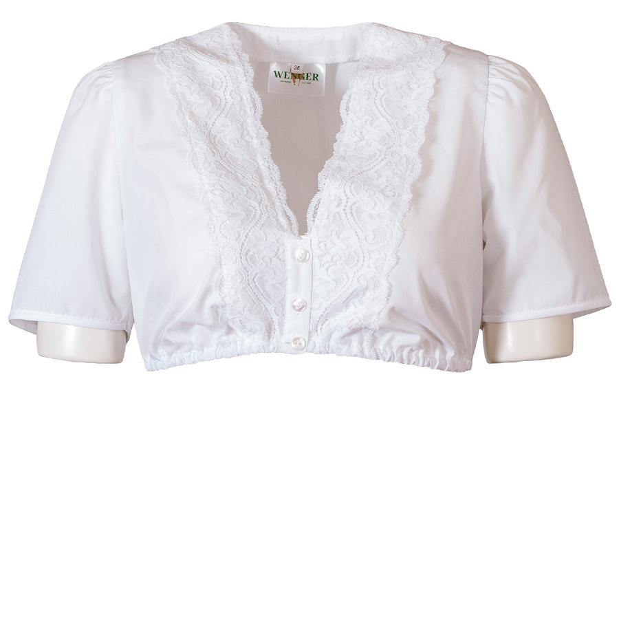 Wenger Inga Dirndlbluse, V-Ausschnitt, breite Spitzenborte, weiß