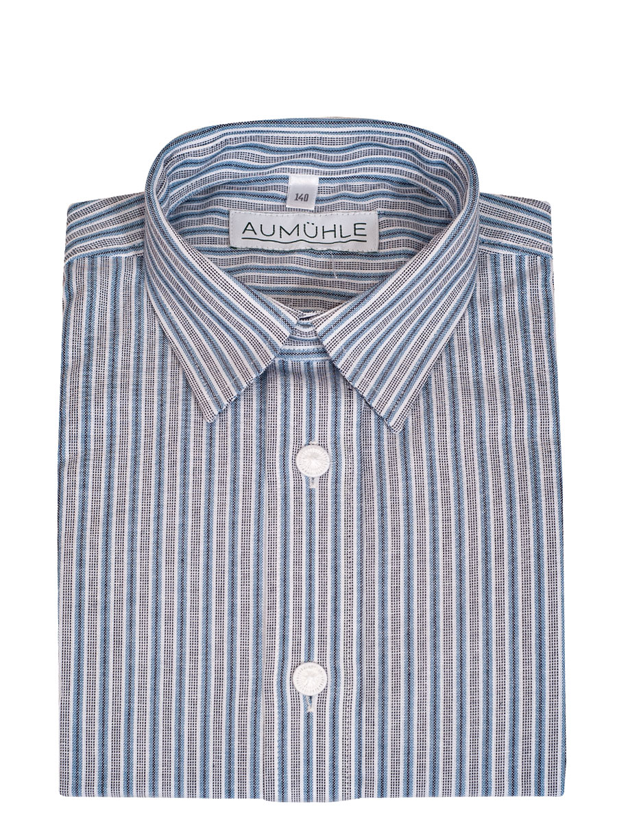 Waldorff Kinderhemd Lukas blau-weiß gestreift, Liegekragen, Pfoad