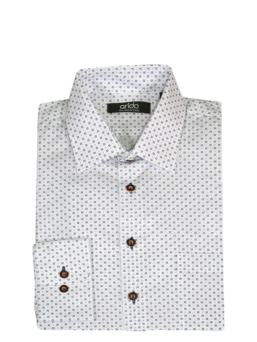 Arido Herrenhemd, Langarm, weiß mit blau, Hirschhornknöpfe, Liegekragen