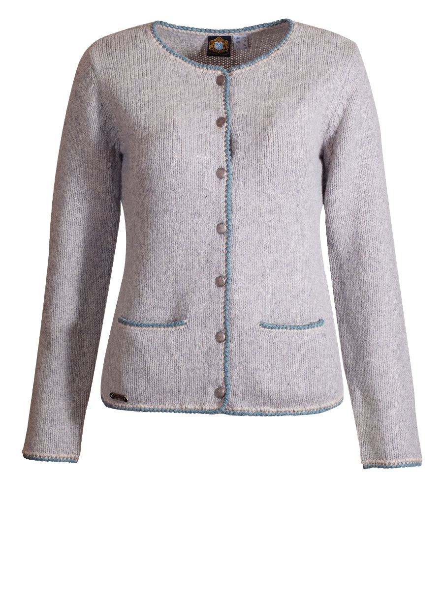Hammerschmid Tyrol Strickjacke, hellgrau, beige-blaue Einfassung