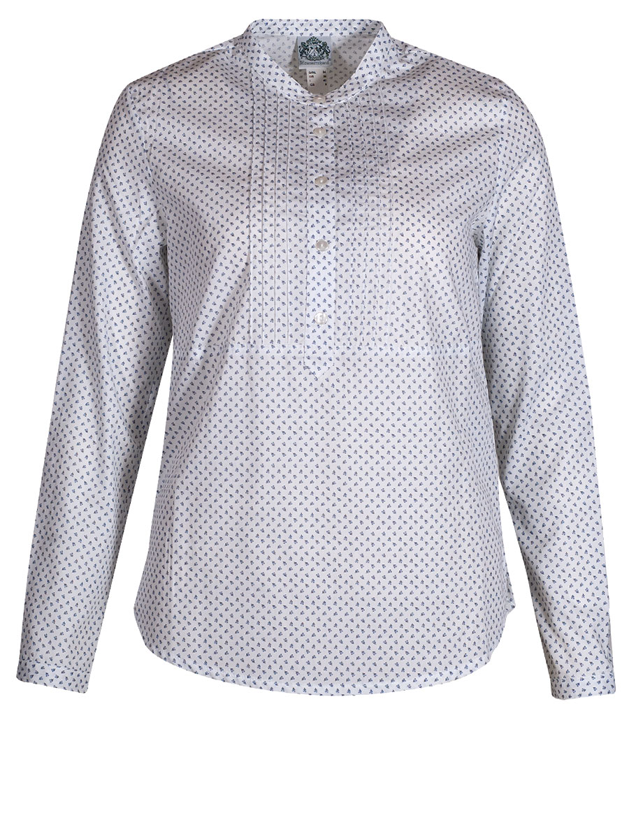 Hammerschmid Marie Langarmbluse, weiß, All-Over Print, blaue Blümchen