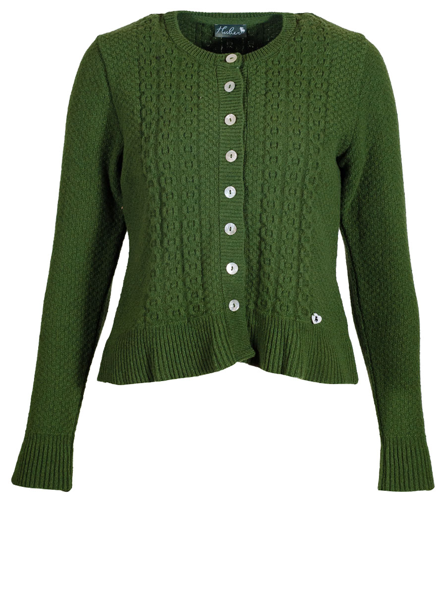 Huber Strickjacke Juli, grün, Rüschen, Volantstil